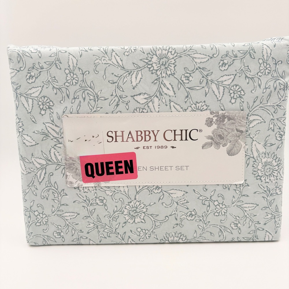 Shabby Chic Queen Sheet Set Light Blue White Floral Toile 4pc Microfiber NEW